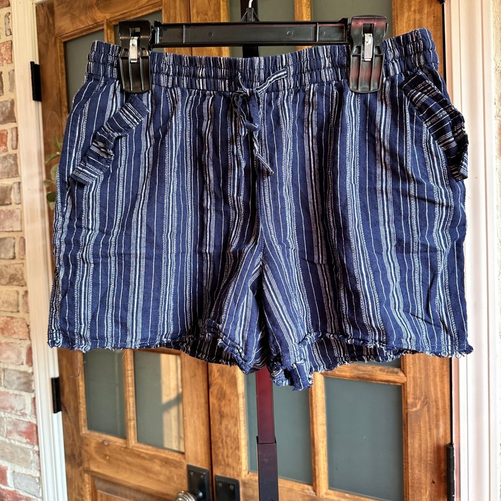 ANA Shorts Womens L Navy Linen Blend Striped‎ Elastic Waist Casual Beach